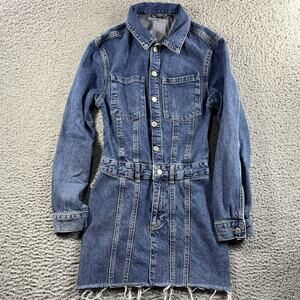 ZARA DENIM SHIRT DRESS MINI WOMENS XS BLUE BUTTON LONG SLEEVE BIKER TRUCKER JEAN